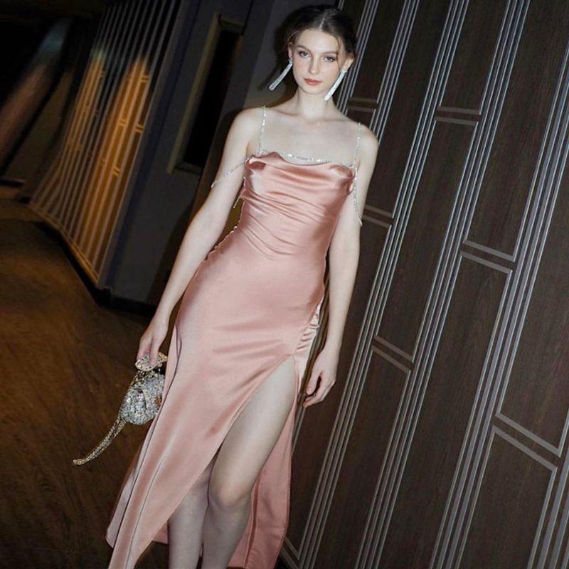

Fashion Satin Fancy Drill Chain Sling Dress 2024 Summer New Arrival Sexy Open Back Sheath Split Dress Pink S