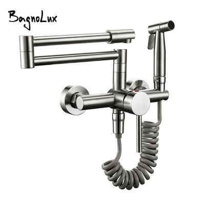 Grifo Mezclador de Cocina con Rociador Caño de Flujo Caliente y Frío Montaje en Pared Grifo Llenador de Ollas Extraíble Dos Agujeros Venta al Por Mayor Negro Venta Caliente