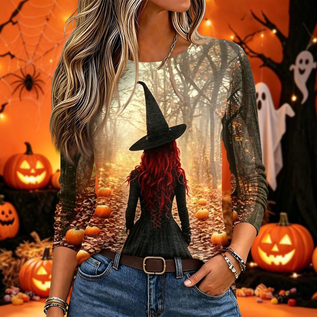 Women's Halloween Printed Neck Long Sleeve Pullover Top