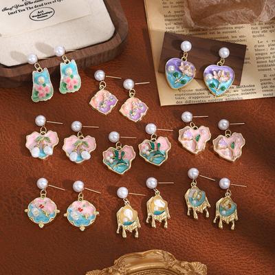 Fransız Monet Bahçesi Mori Küpe Tatlı Kızsı Mizaç Küpeleri Retro Üç Boyutlu İnci Çiçek Aşk Küpeleri