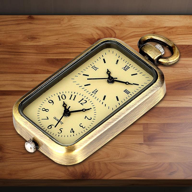 

Винтажные милые прямоугольные карманные часы с двумя циферблатами, бронзово-медные, кварцевые, карманные часы, подарок на день рождения для студентов