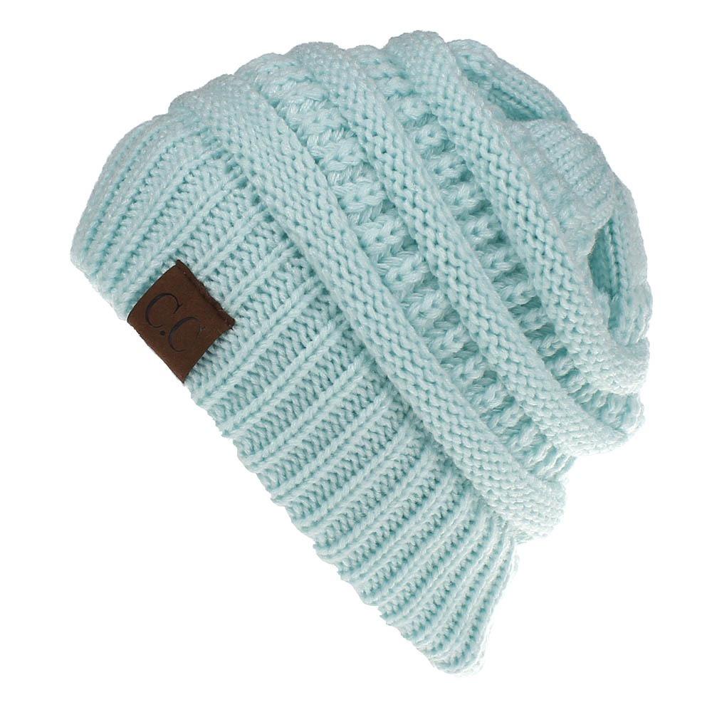 Cable Knit Beanie Hat Multi-Color Messy Bun Beanie Portable Winter Hats  for Girls