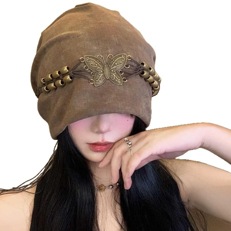 Autumn and Winter British Retro Tassel Beads Butterfly Piles Hat European and American Casual Versatile Pullover Hat Windproof and Warm Cold Hat