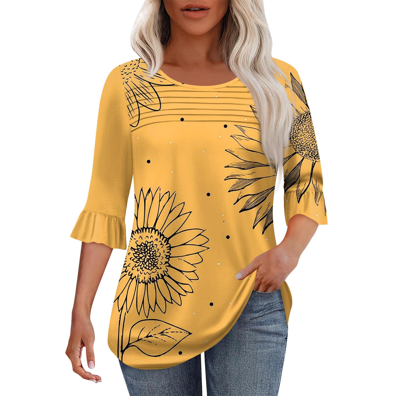 

Женская мода круглый вырез шея плиссированный спереди напечатанные точки расклешенный топ рукав 3/4 M