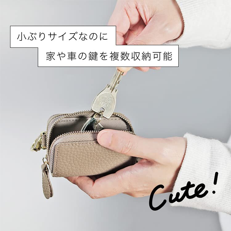 KNUTe Damen Doppeltes Smart Key Case, Platz für 2 Schlüssel, Echtes Leder, Beidseitig, Niedlich, Gedämpfte Farbe, Narbiges Leder, Reißverschlussabdeckung, Karabiner