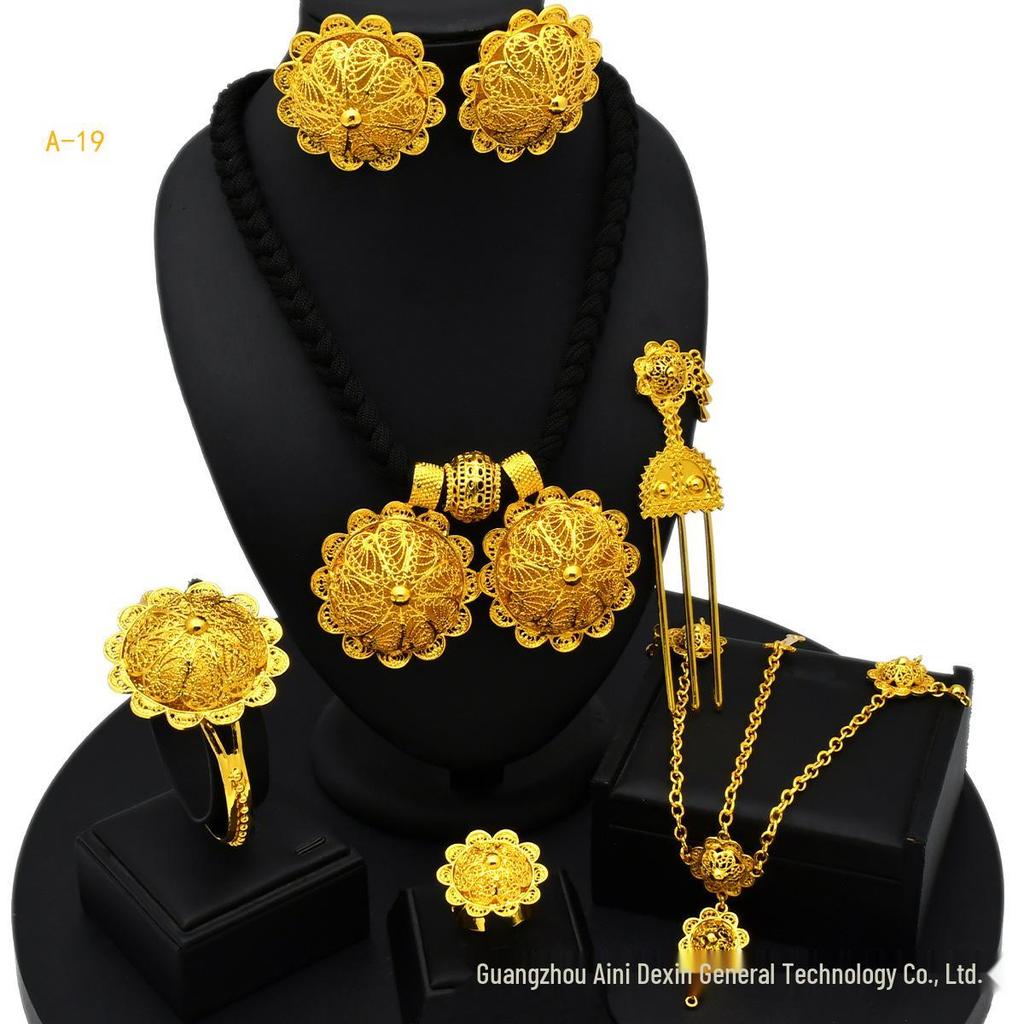 Set di Gioielli in Lega Placcata Oro Vietnamita per Spose Africane: Ornamenti Etiopi da Donna in Sei Pezzi.