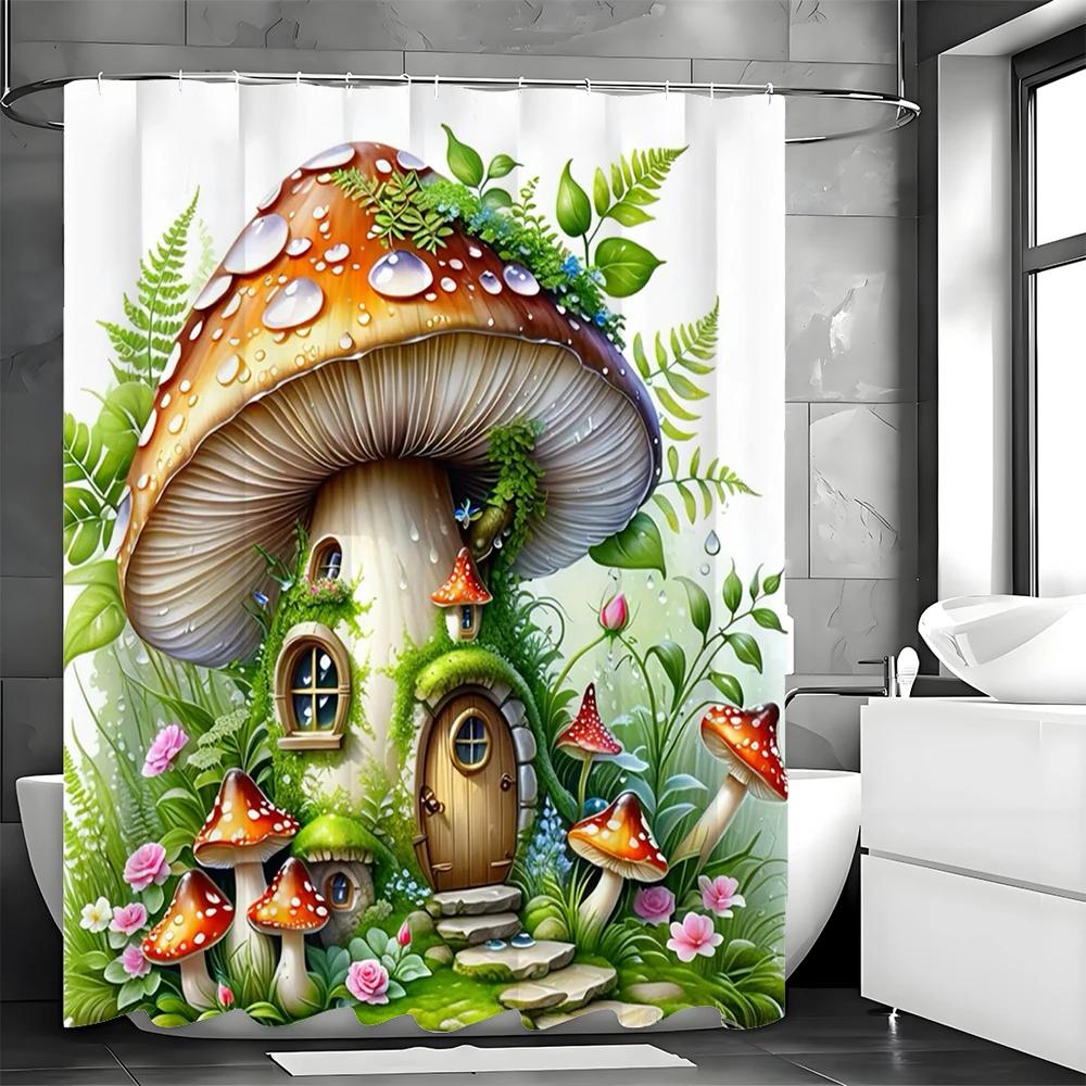 Enchanted Forest Mushroom Hut Floral Shower Curtain, Bathroom Decorative Shower Curtain, Waterproof Shower Curtain with Hooks