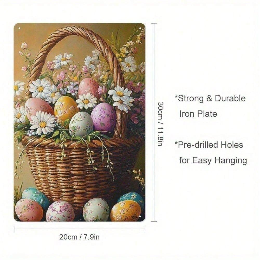 Vintage Farmhouse Easter Floral Metal Poster, Egg Basket Wall Decor for Living Room