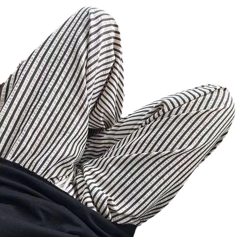 Women's High-Waisted Black & White Striped Wide-Leg Pants - Summer Casual Straight-Leg Trousers.