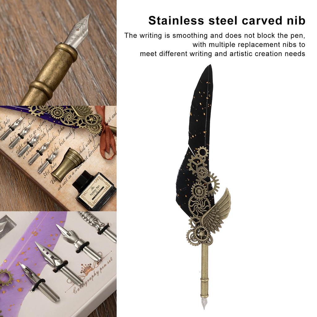 Quill Pen Set Retro Elegant Exquisite Pattern Stainless Steel Nib Wear Resistant Caligraphy Pen Kit