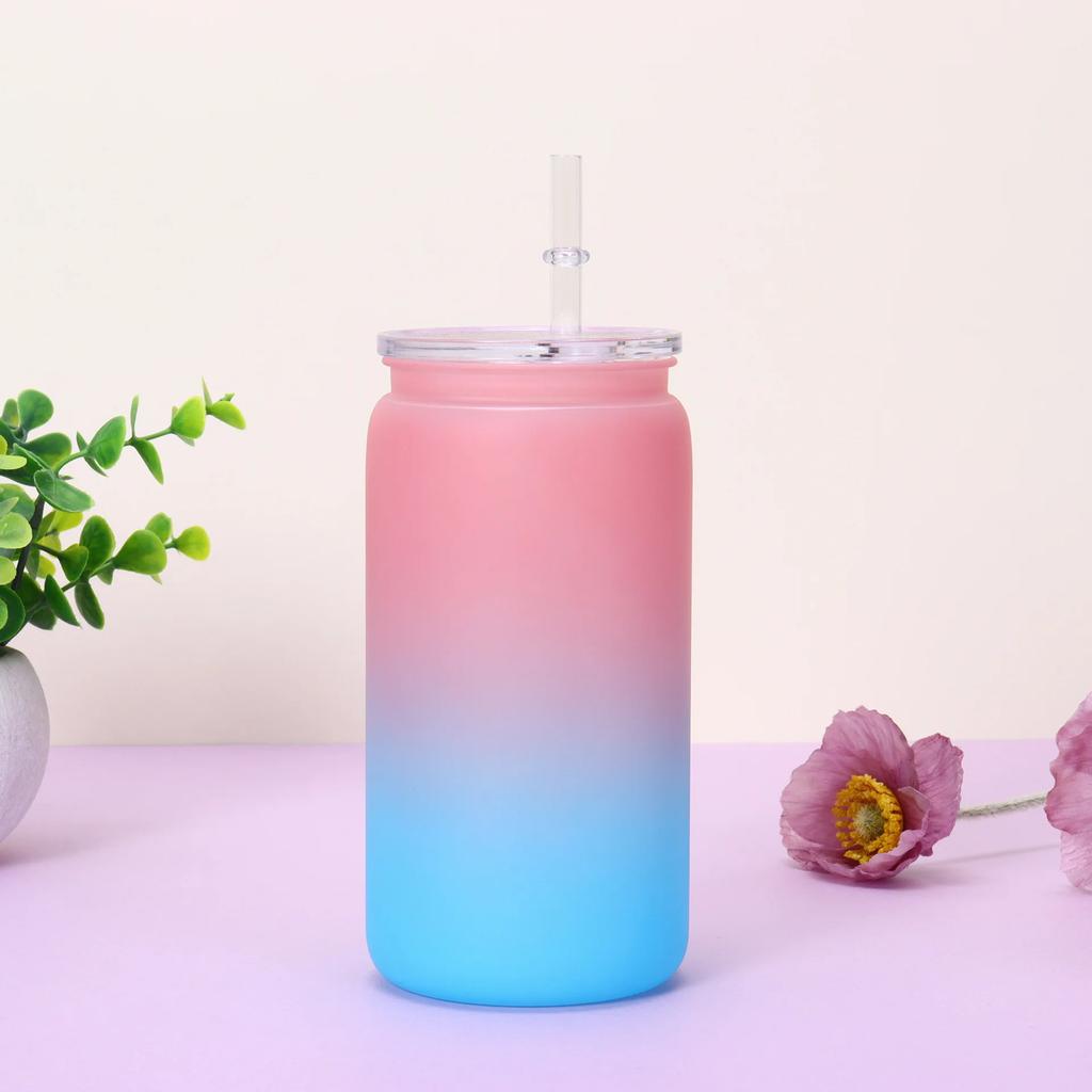 16oz Farbverlauf Becher mit Strohhalm - Sturzsicher Tragbare Kunststoff-Wasserflasche Praktischer Hitzebeständiger Sublimationsbecher für Zuhause & Outdoor