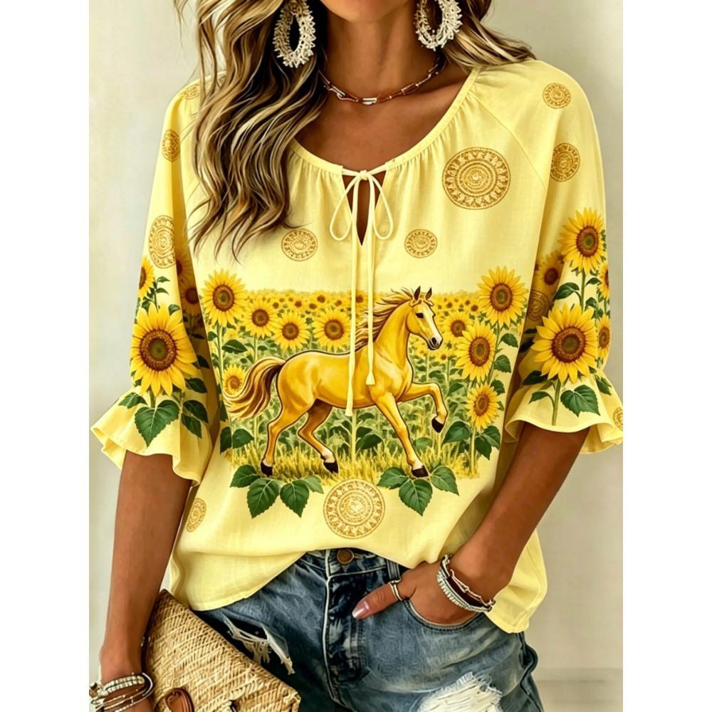 Women's Khaki Vintage Floral Print Tie Neck Blouse, Casual Loose Tops for Spring Summer Daily Wear & Vacation Occasions