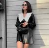 Peter Pan Collar Patchwork PU Leather Black Dress Women Elegant Pleated Elastic Waist Short Dresses Autumn Winter New Punk