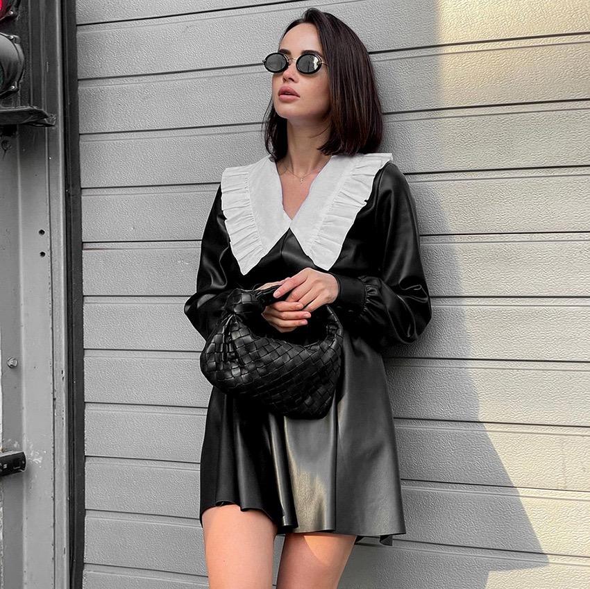Peter Pan Collar Patchwork PU Leather Black Dress Women Elegant Pleated Elastic Waist Short Dresses Autumn Winter New Punk