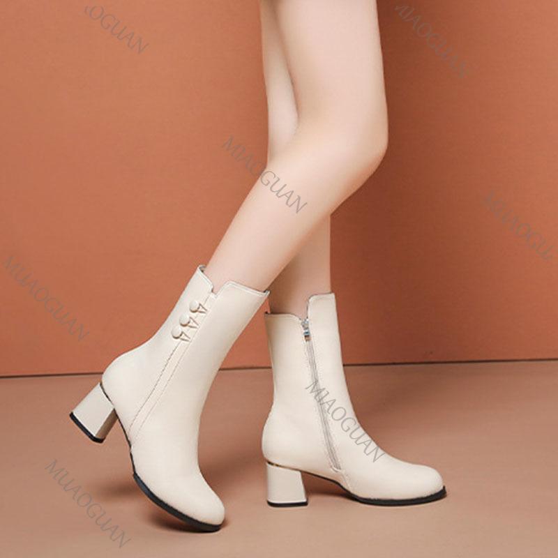 Fashion 2025 Autumn Winter New Cotton Short Boots for Women Chunky High Heeled Round Toe Side Zipper Botas Feminina Black Beige Botines