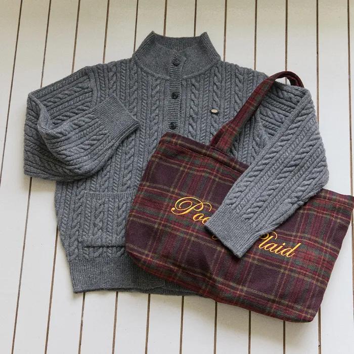 Poetry Embroidery Wool Check Bag - Brown