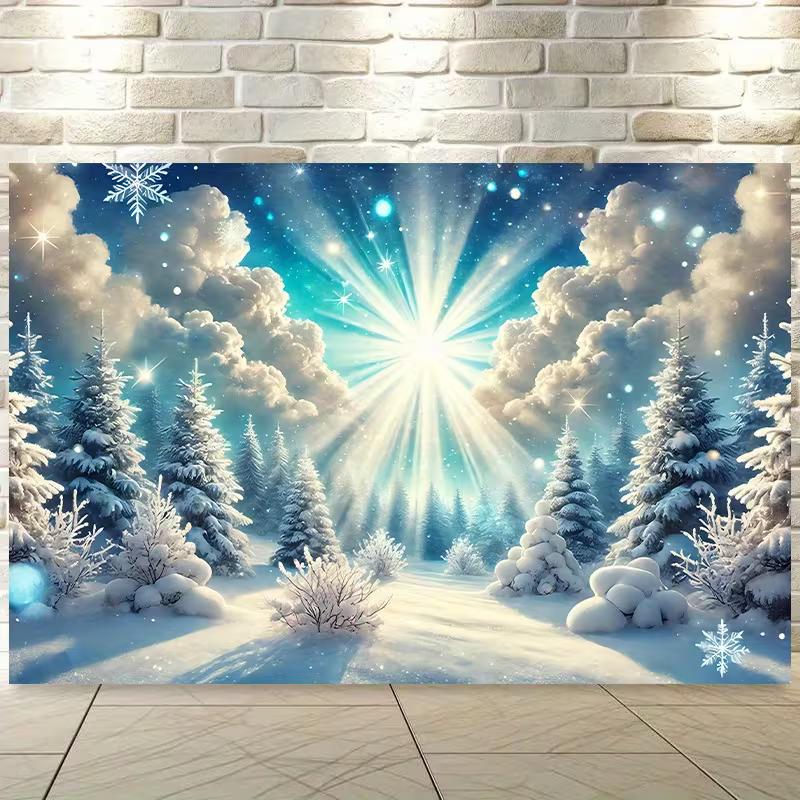 Magischer Winterwald Wandteppich, Schneebedeckter Kiefernwald Hintergrundtuch, Weihnachts Wanddekoration
