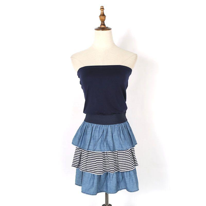 

Patchwork Summer Clothing Niche Waist Slim Fit Tube Top Dress Blue L