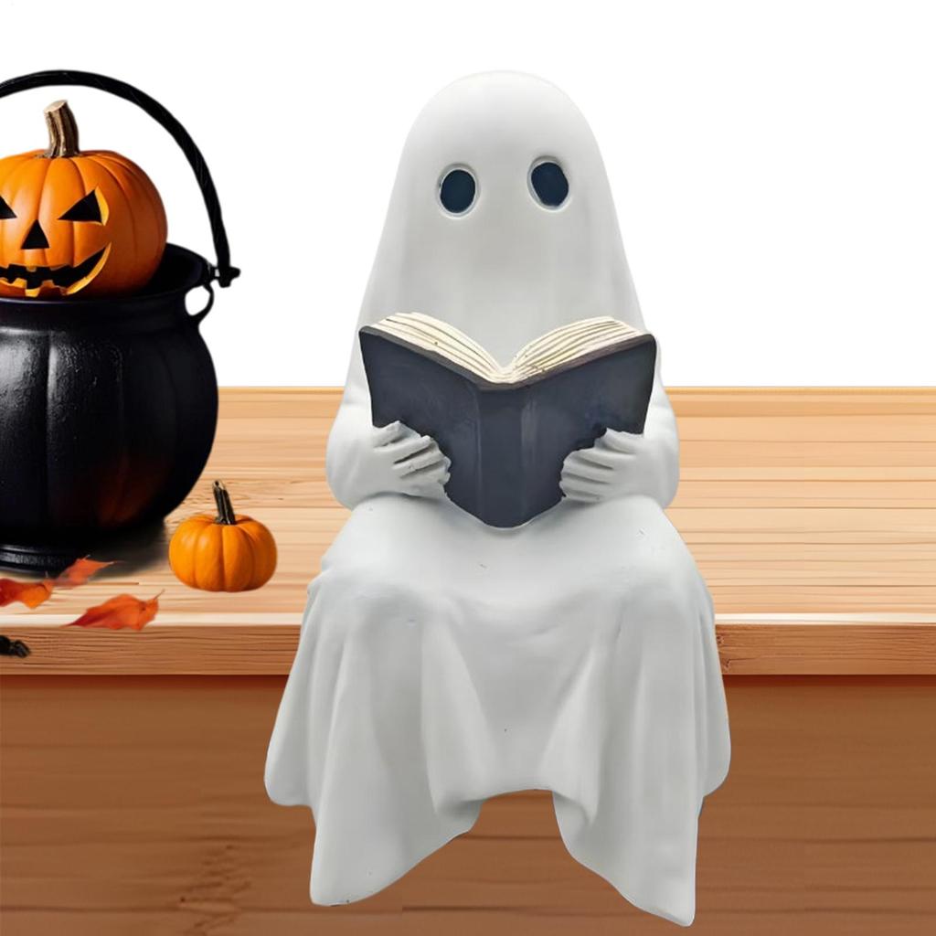 Halloween Ghost Reading Figurine Ornament Resin Cute White Ghost Statue Ghost Decoration For Living Room Offices Bedroom