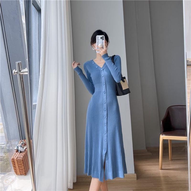 Women's French Style Long Knit Sweater Dress, Slim Fit, Single-Breasted, for Autumn and Winter