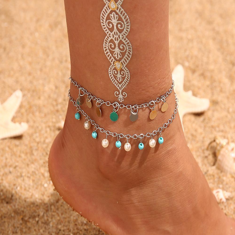 Bohemian Retro Wax Rope Mixed Color Woven Turquoise Sunflower Handmade String Mixed Color Rice Bead Multi-Layer Anklet