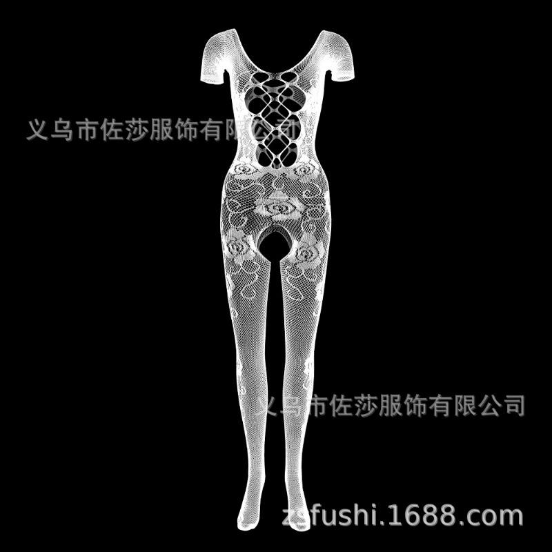Sex clothes Mesh onesie Rose jacquard nylon open-file short-sleeved backless tights