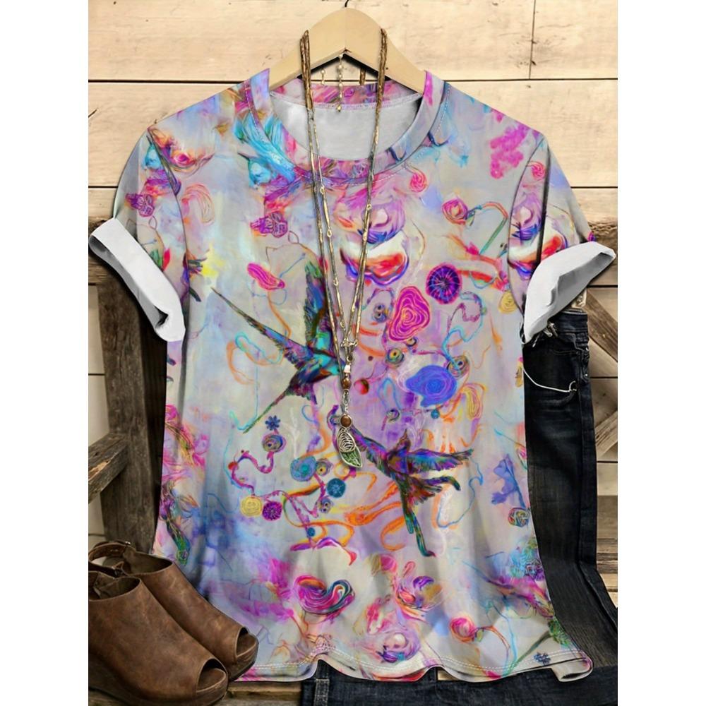 XL-7XL Übergröße Damen T-Shirts Damen O-Ausschnitt Mode 3D Floral Farbbedrucktes Oberteil Kurzarm T-shirt