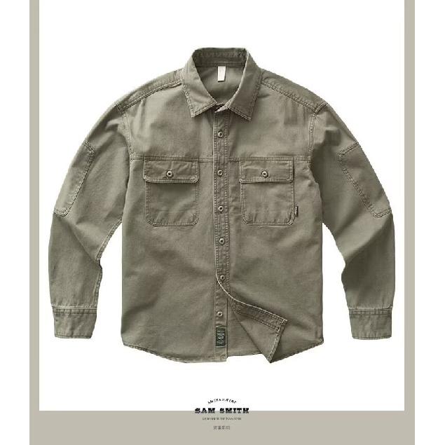 

Trendy heavy-duty work shirt for men, thickened twill, loose fit, American retro style, spring and autumn, army green shirt jacket XXXL армія зелений колір