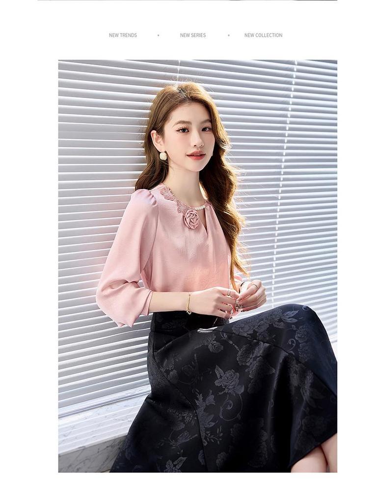 Spring 2025 Lace Butterfly Patchwork Two-Piece Set: Long Sleeve Shirt & Midi Skirt