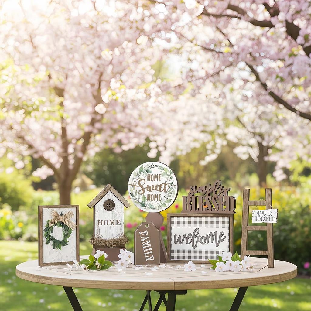 Set of 11 Farmhouse Tiered Tray Set, Rustic Home Tiered Tray Decorations Wooden Signs Farmhouse Tabletop Wood Signs for Kitchen Table Shelf Decor