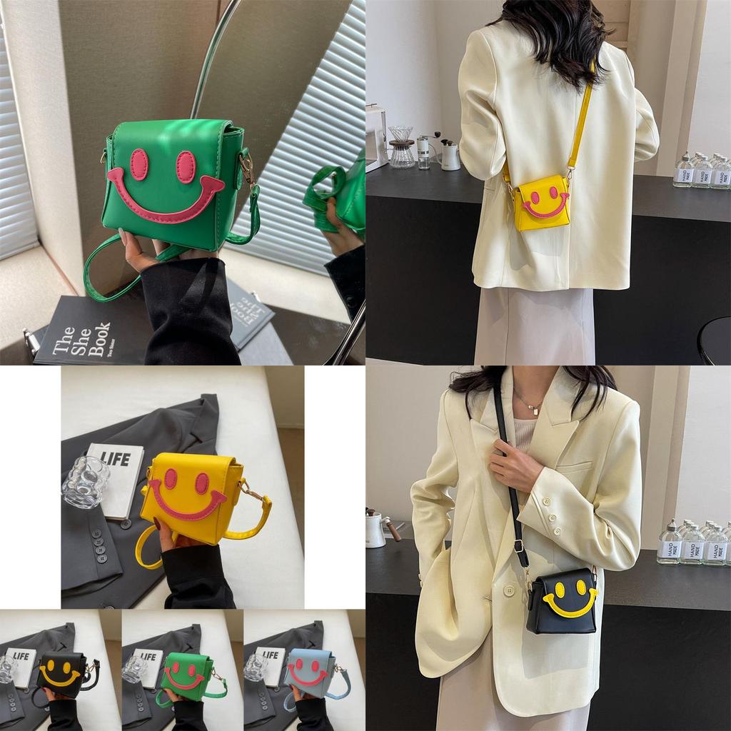 Cute Small Smile Face Color Block Pu Shoulder Bag With Magnetic Closure