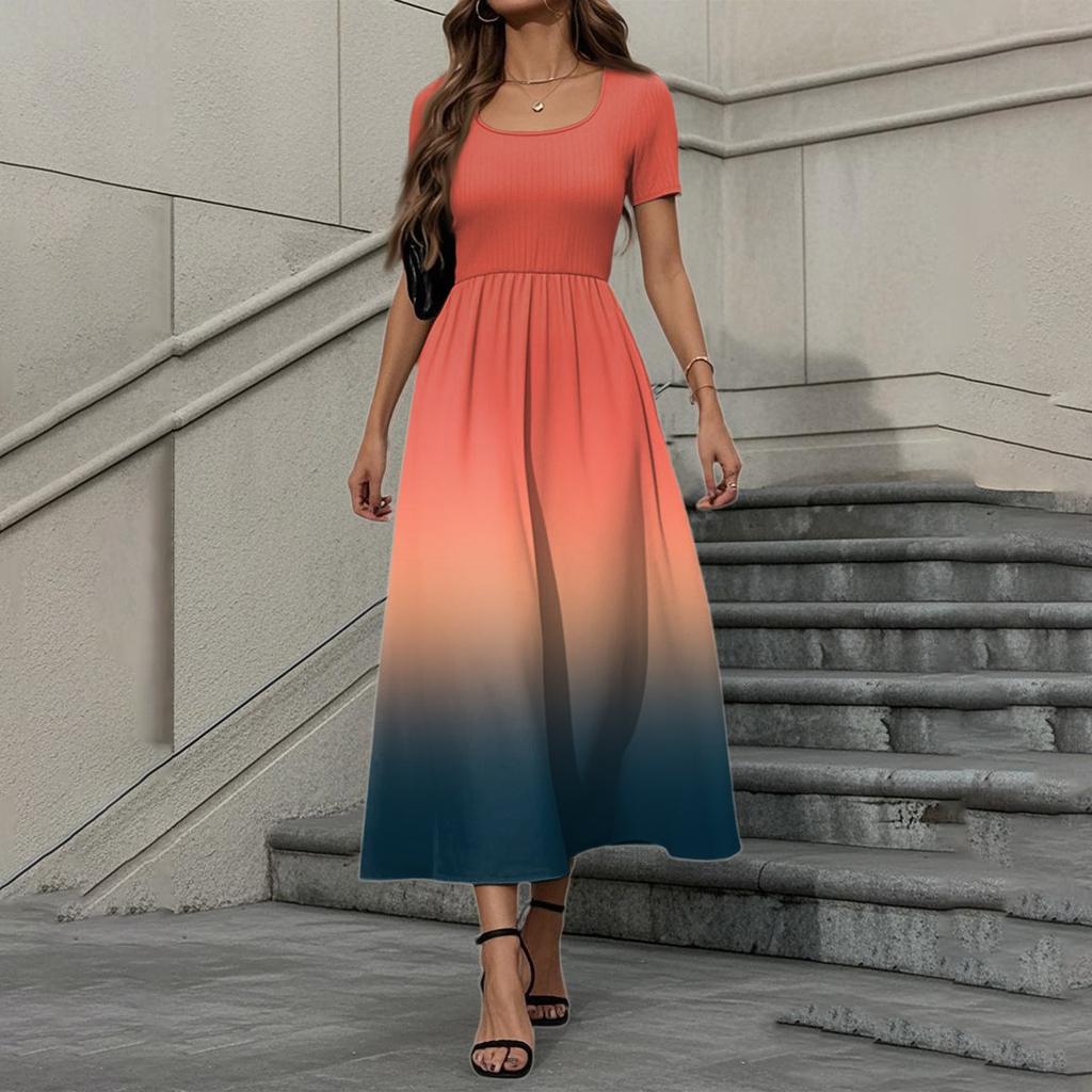 Women's Fashion Casual Short Sleeve Round Neck Splicing Gradient Elegant Temperament Dress