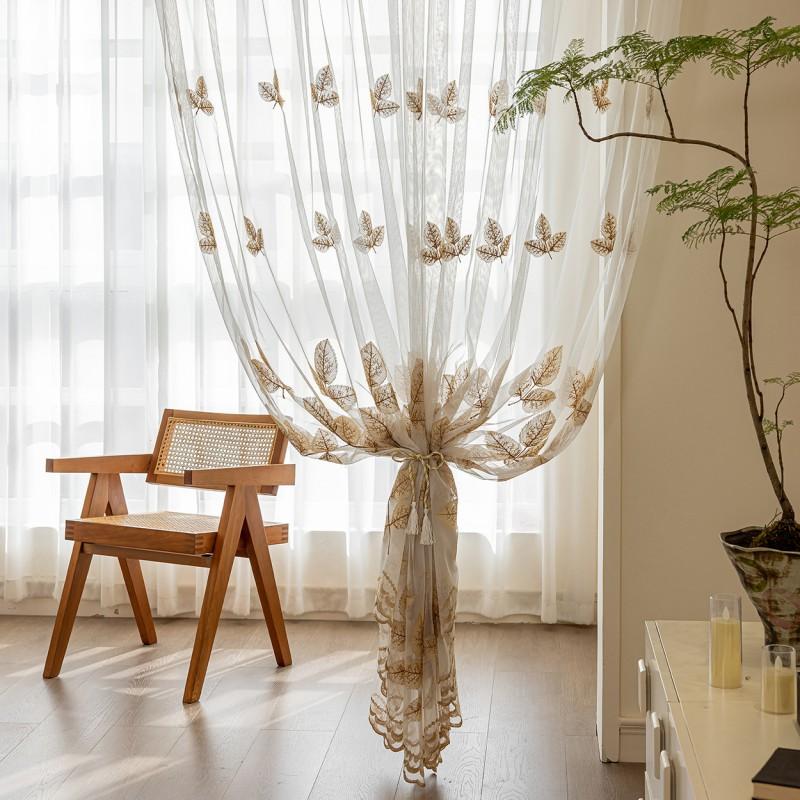 Transparent Sheer Curtain With Leaf Embroidery Living Room Balcony Modern Minimalist Decor