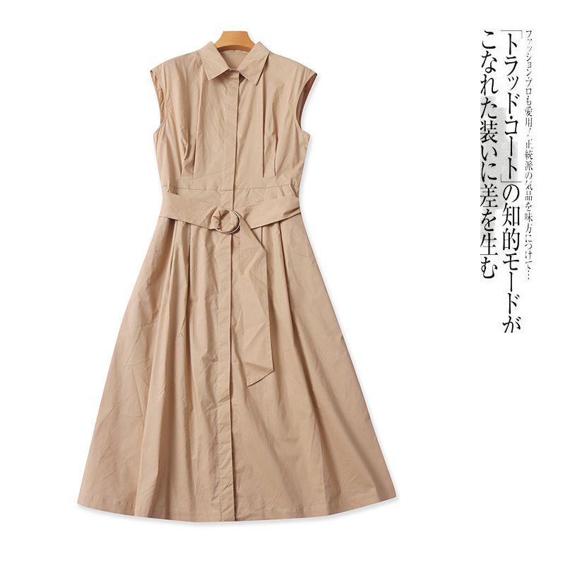 

Sleeveless Shirt Dress Summer New Foreign Trade Women clothes Fashion Slim fit Lapel Single-Breasted Lace-up Waist Dress 31095 Khaki A- 3-2-1 42#