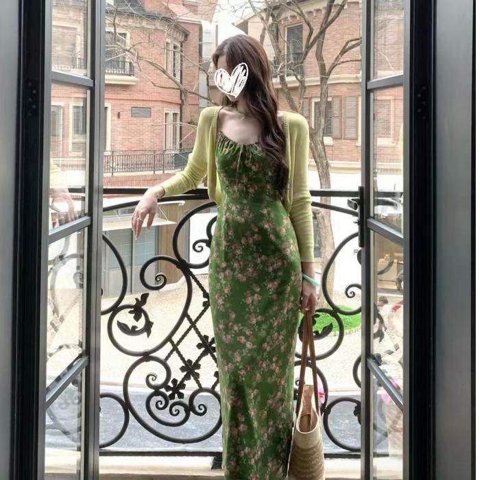 [Midsummer Story] French Floral Suspender Dress for Women's Summer Waist and Thin Straps Long Skirt