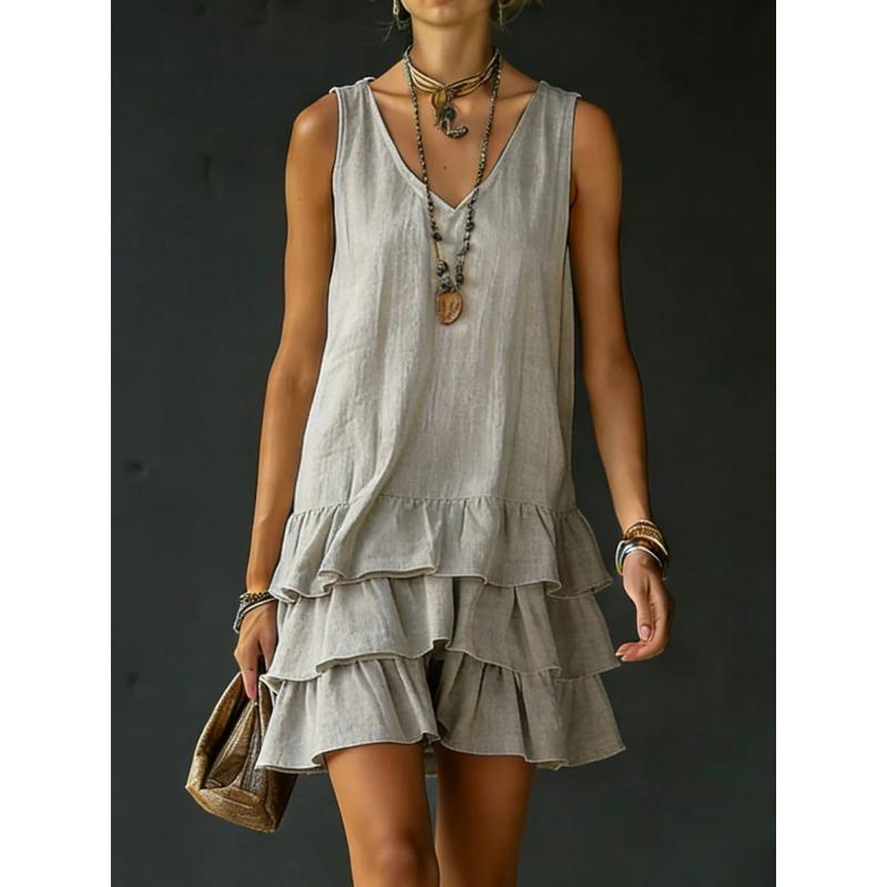 IHUASU Fashion Summer Spring Solid Color Print Sleeveless V-Neck Casual Dresses Unique design S серый