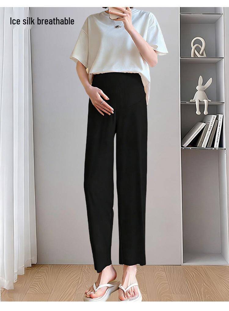 Fashionable Plus Size Maternity High-Waisted Ice Silk Summer Pants with Tummy Support