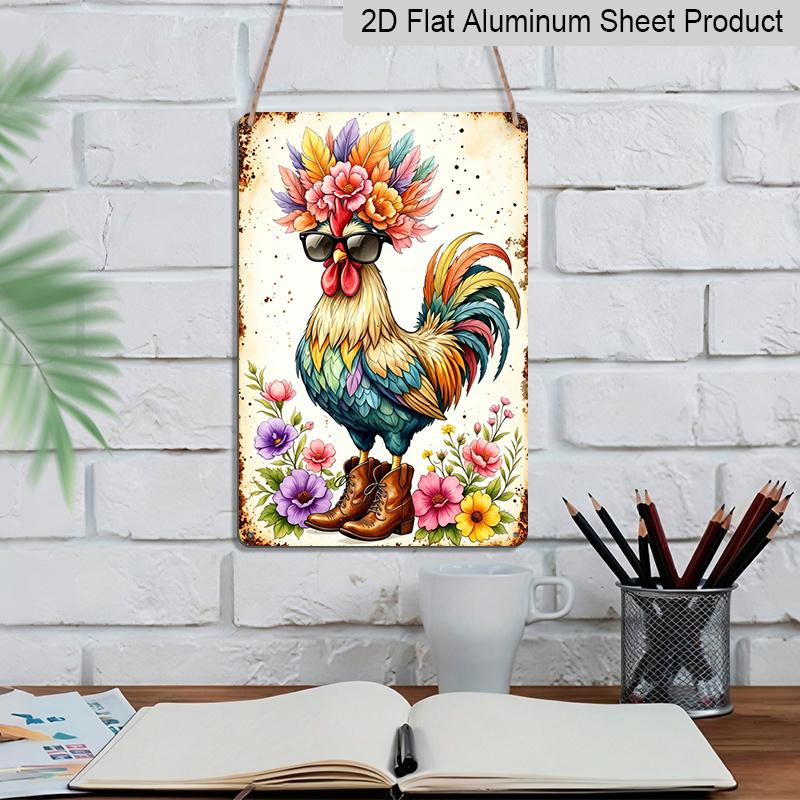 2D Flat - Cool Rooster with Sunglasses & Flowers Metal Sign - Funny Farmhouse Decor Durable Aluminum Material 8*12 Inches Farmhouse Kitchen Wall