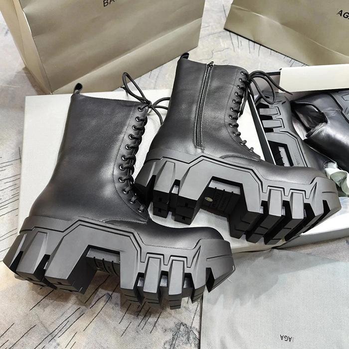 Fashion Metal Thick Bottom Mid Calf Boots Dark Rock Punk Belt Buckle Round Toe Height Increase Lace-up Zipper Fashion Women Shoes Newest