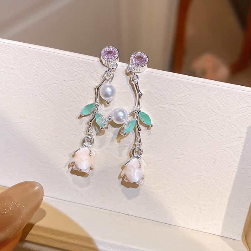 Flower Fairy~ Flower Zircon Oil Drop Pearl Stud Earrings Cute Sweet Versatile Earrings New Earrings Girl