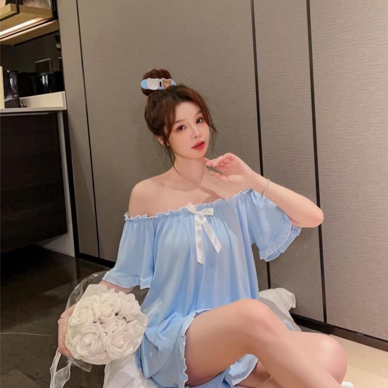 Sommer Jenter Todelt Kortermet Pyjamas med Båtutringning Sløyfe Ensfarget Dame Hjemmeklær av Tynn Myk Elastisk Løs Hjemmebekledning