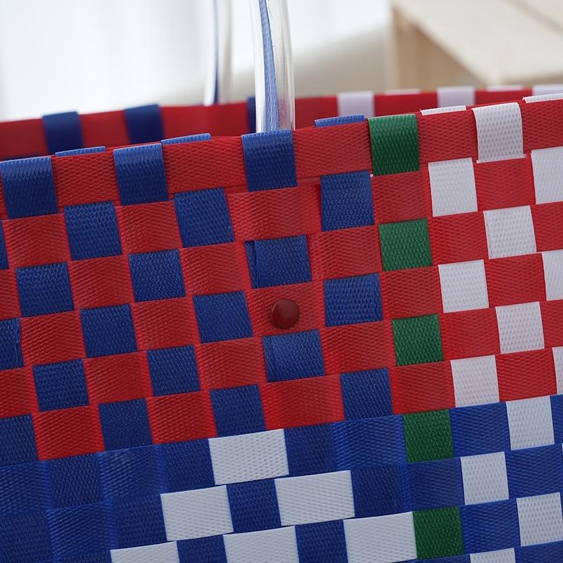 Velkokapacitní PP plastová ručně pletená taška na uskladnění s barevnými pruhy lásky, košík na zeleninu, otevřená kabelka