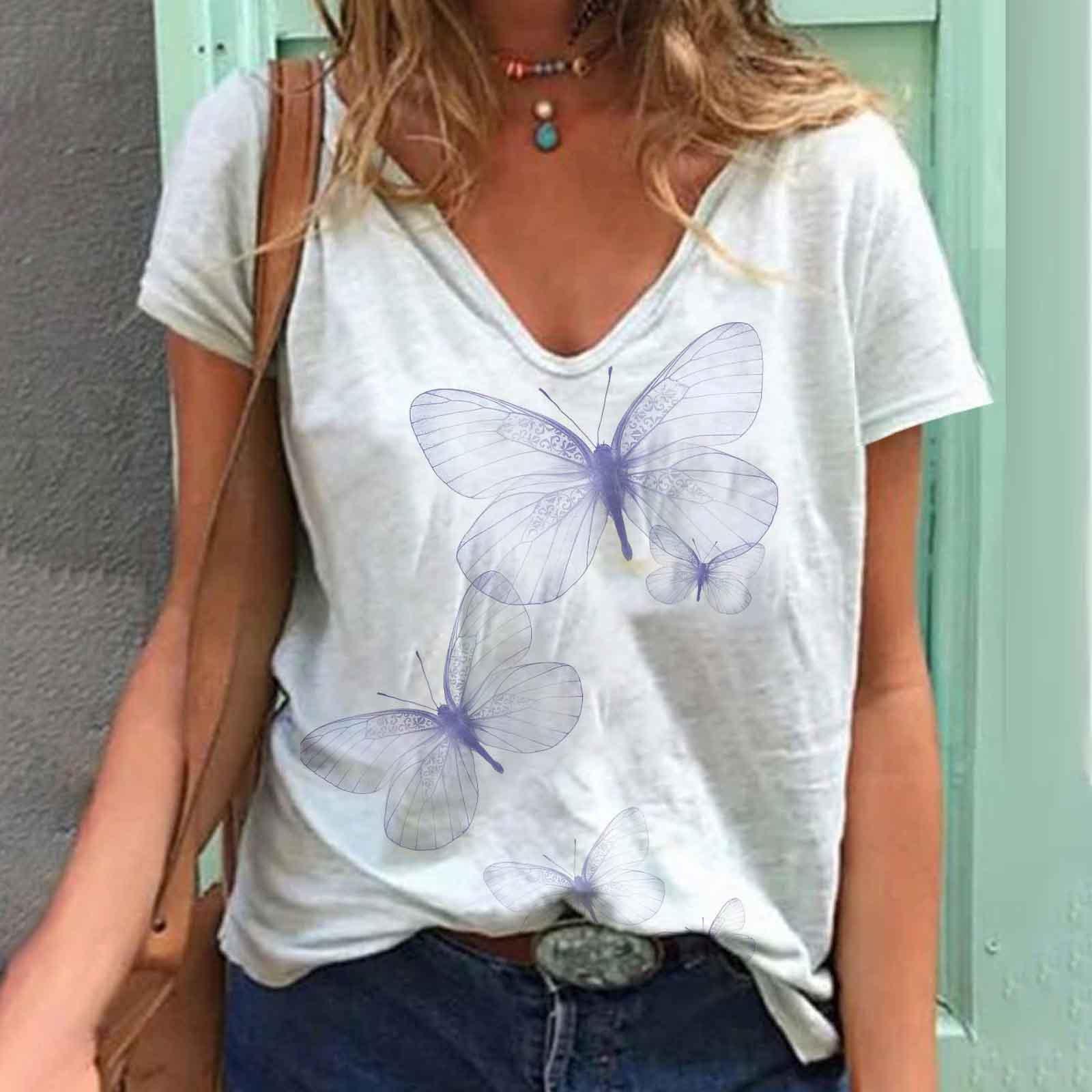 Женские футболки с V-образным вырезом и коротким рукавом с 3D-принтом и принтом бабочки — фото 13
