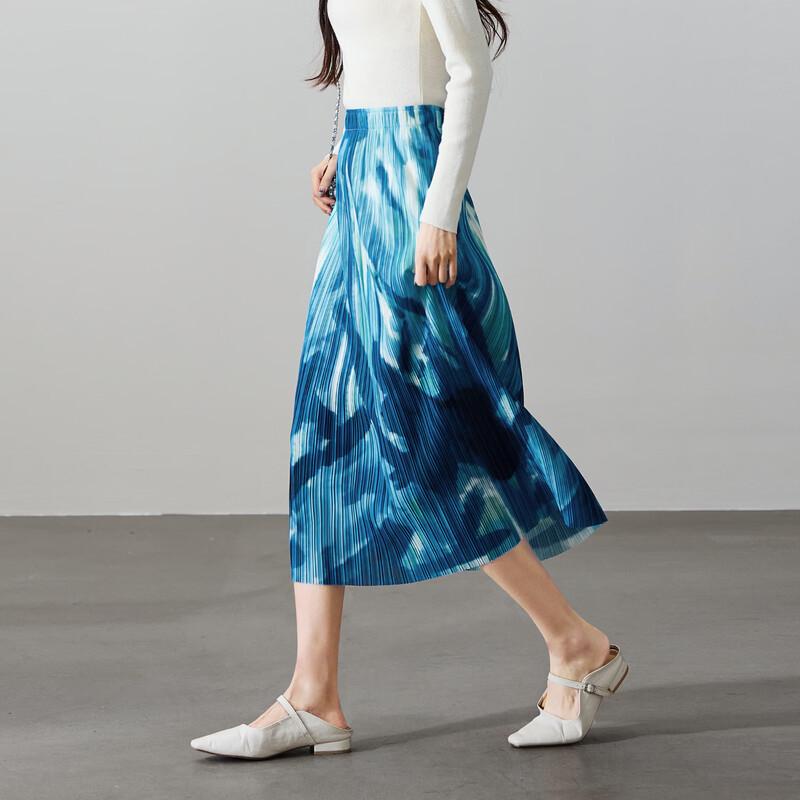 SOFSIL 2026 Spring Blue Printed Pleated A-Line Midi Skirt L