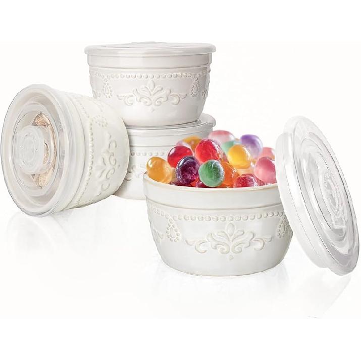 Artena Ramekins with Lids, Creme Brulee Ramekins Oven Safe, Pudding Cups, Souffle Cups, Custard Cups, Ceramic Ramiken, Dipping Sauce Cups, Food 4 oz