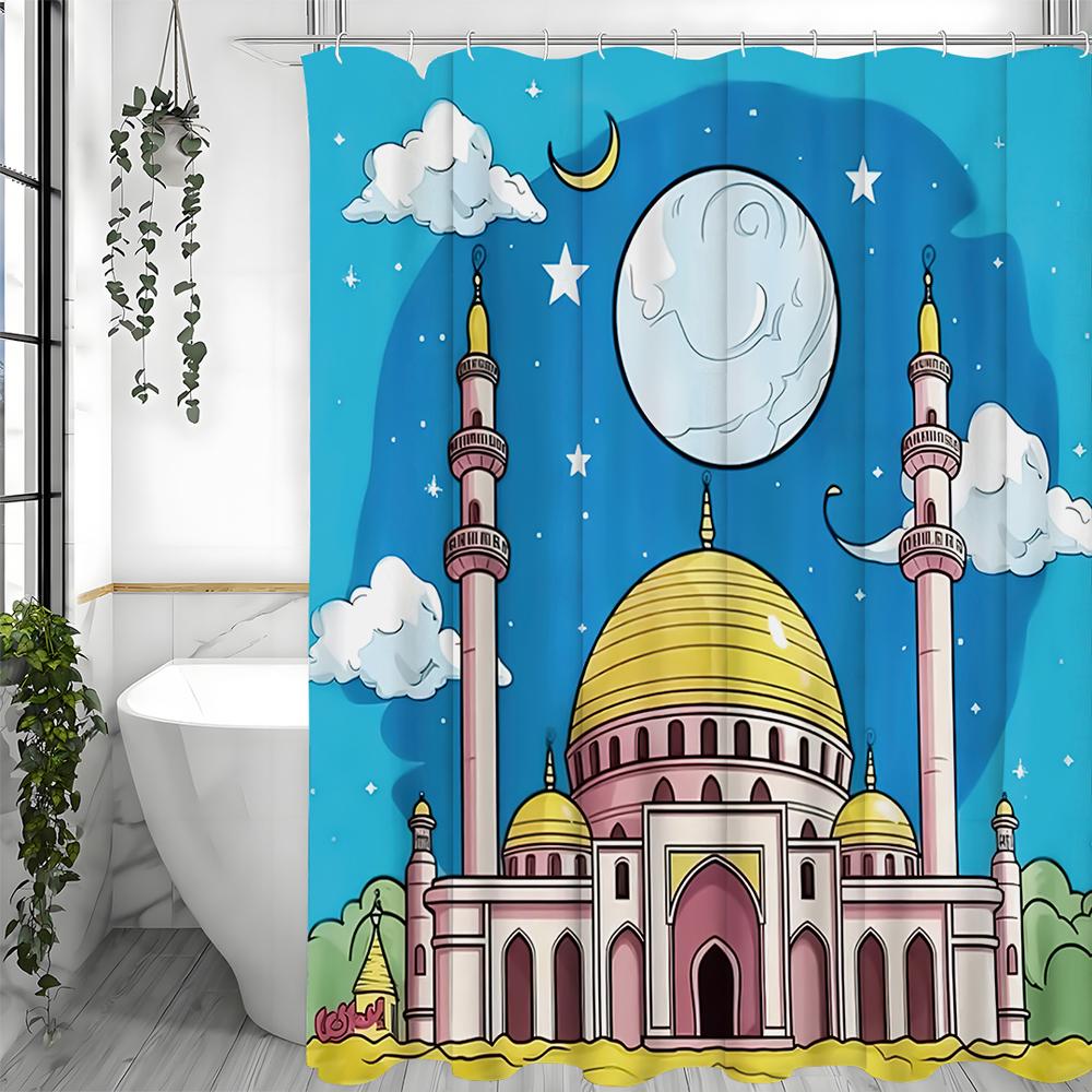 Flat Wind Castle Architectural Shower Curtain, Bathroom Decorative Shower Curtain, Waterproof Shower Curtain with Hooks