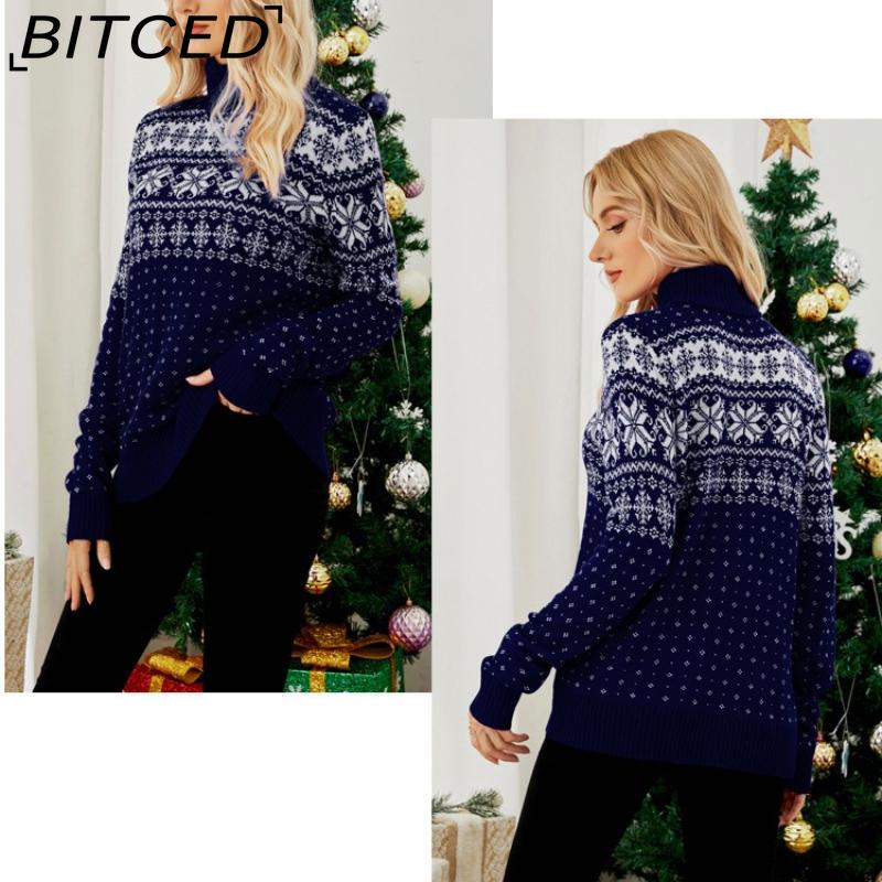 BITCED Autumn/Winter Jacquard Pullover Red Turtleneck Christmas Sweater Snowflake Knit Base Layer