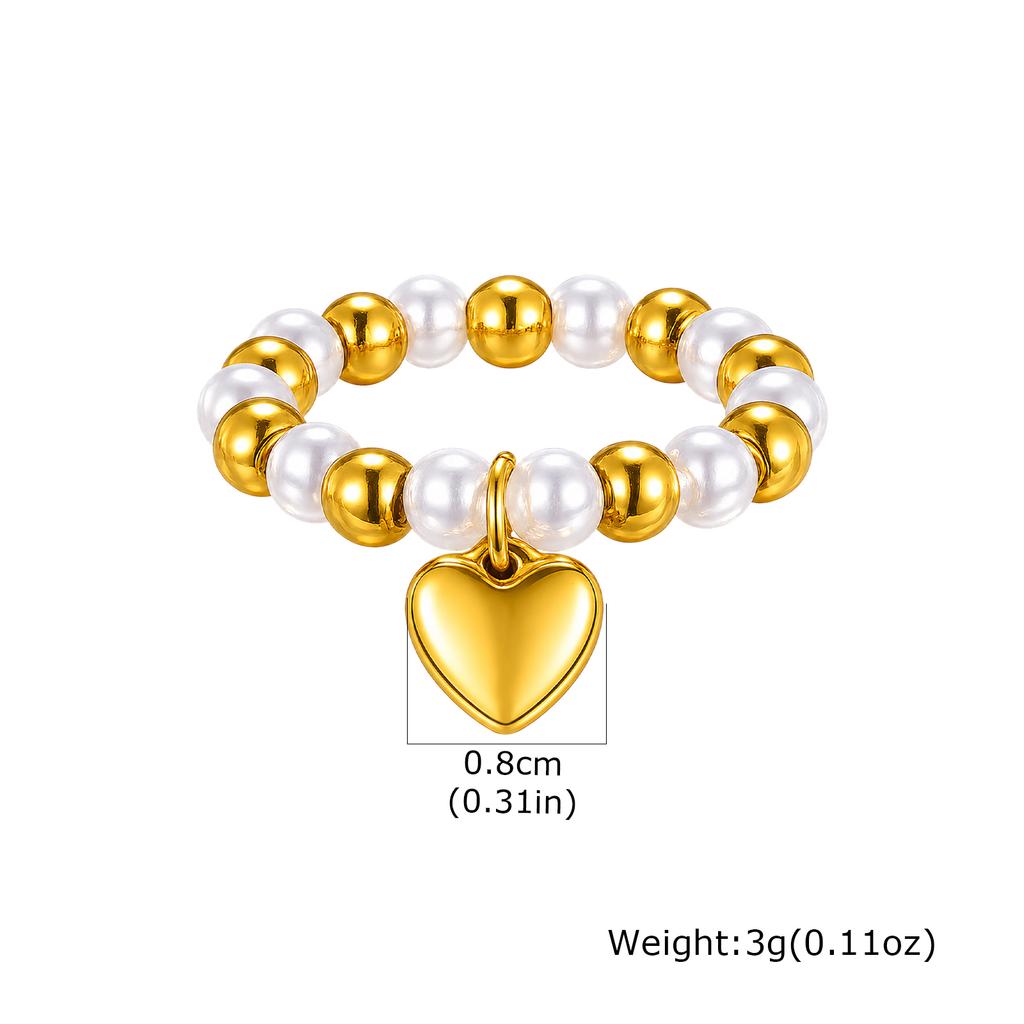 Two-Tone Pearl Ring Heart Charm Elastic Band, 18K Gold Plated Stainless Steel Satellite Bead, Stretchy Y2K Jewelry
