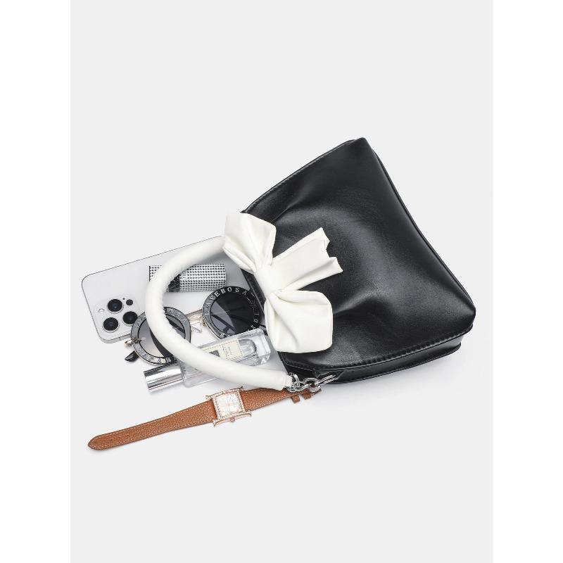 Fashiable and versatile color blocking small square bag with bow and pleated black handbag