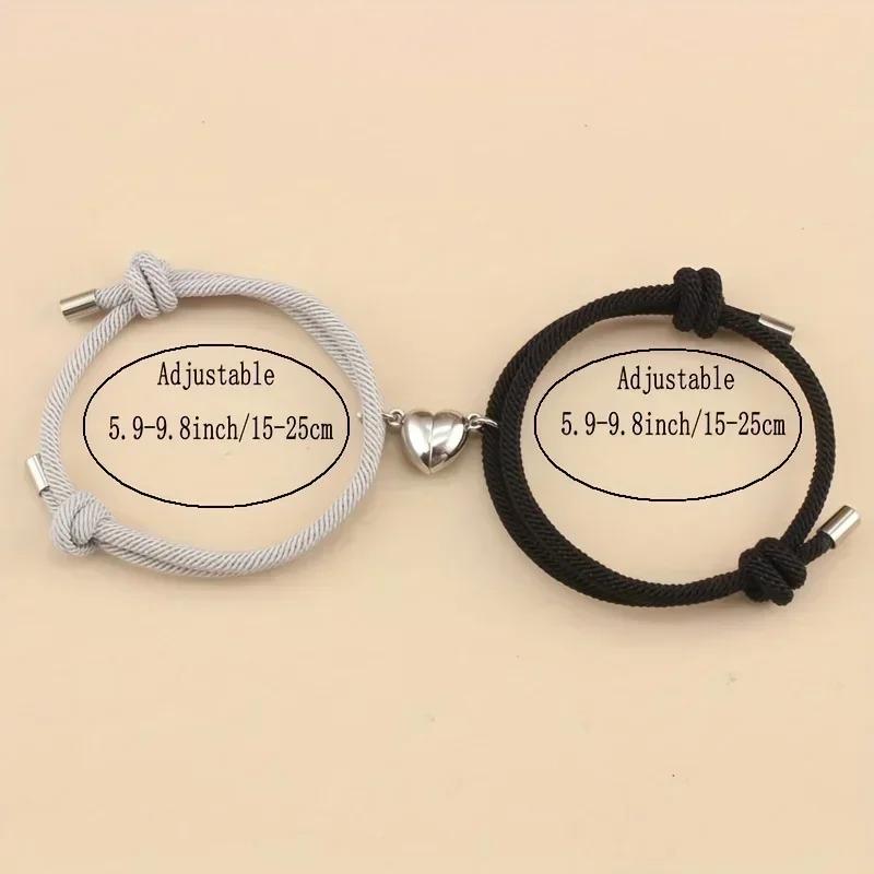 2pcs/set Magnetic Heart Charm Braided Rope Adjustable Bracelets For Couples, Holiday Birthday Gift For Boyfriends / Girlfriends